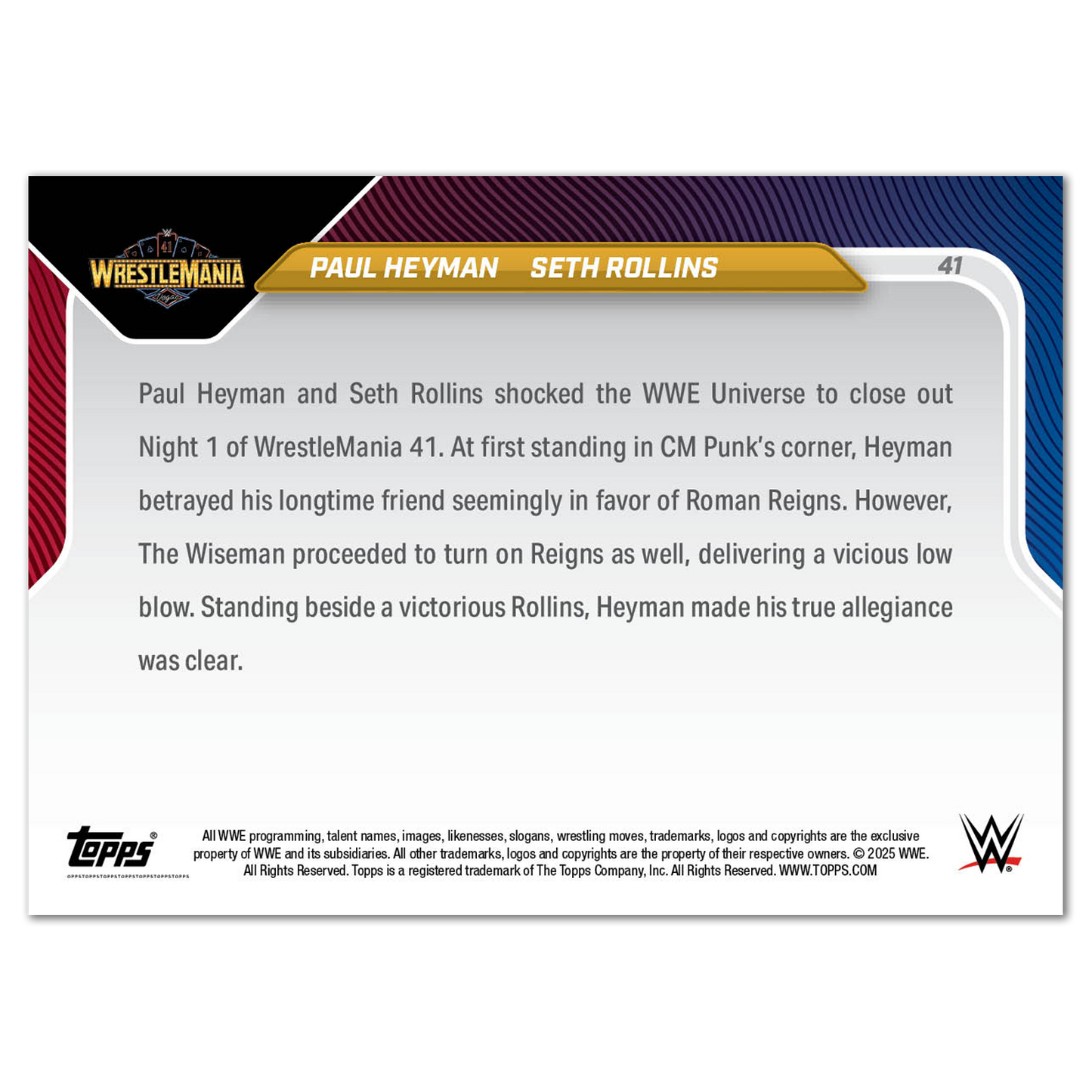 Seth Rollins/Paul Heyman - 2025 WWE Topps NOW® - Card 41 - LOOK FOR AUTO